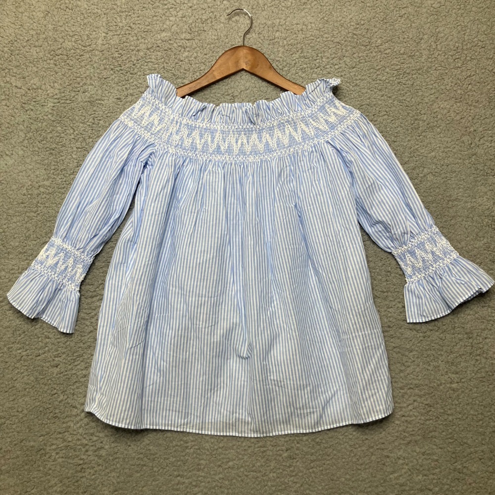 Maxsport Blouse Women S Blue‎ White Stripe Off Shoulder Coquette Smocked Top